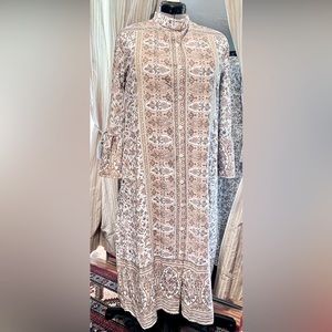 Missook Dress, beautiful details, move from office to evening, Large, cream& tan